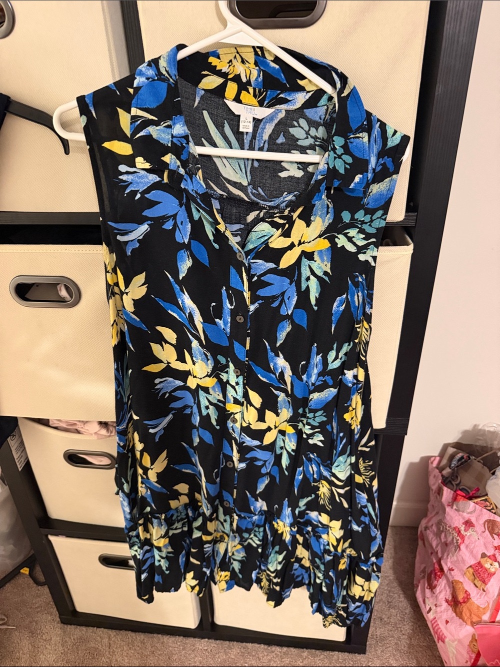 Time and tru Black Floral Button-Front Dress with Blue & Yellow Accents